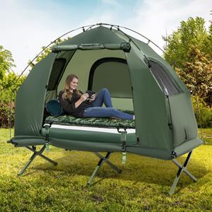 Costway Veldbed met Tent Campingbed met Voortent Luchtmatras Slaapzak en Kussen Campingligstoel met Draagtas 194 x 87 x 167 cm
