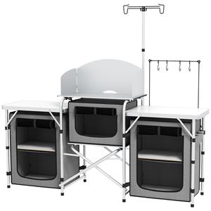 Outsunny Campingkeuken, inklapbaar, met windscherm, 3 opbergvakken, stevig aluminiumframe, 172 x 48 x 119 cm, grijs/zilver | Aosom.nl