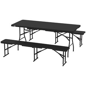 Outsunny Picknicktafel en Banken, 3-Delige Set, Opvouwbaar, Kunststof, Metaal, Zwart
