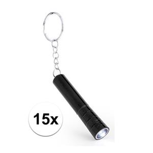 Merkloos 15x Sleutelhangers met zaklamp zwart -