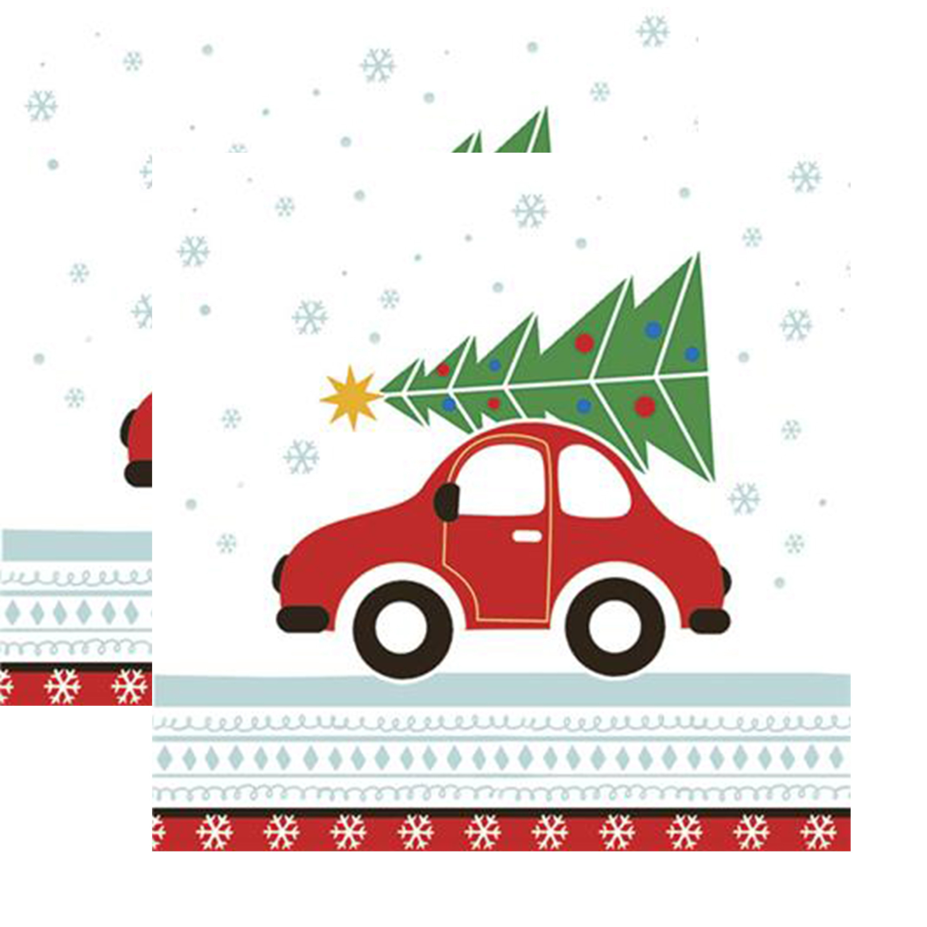 Daisy kerst thema servetten - 40x st - 33 x 33 cm - auto met kerstboom - papier -