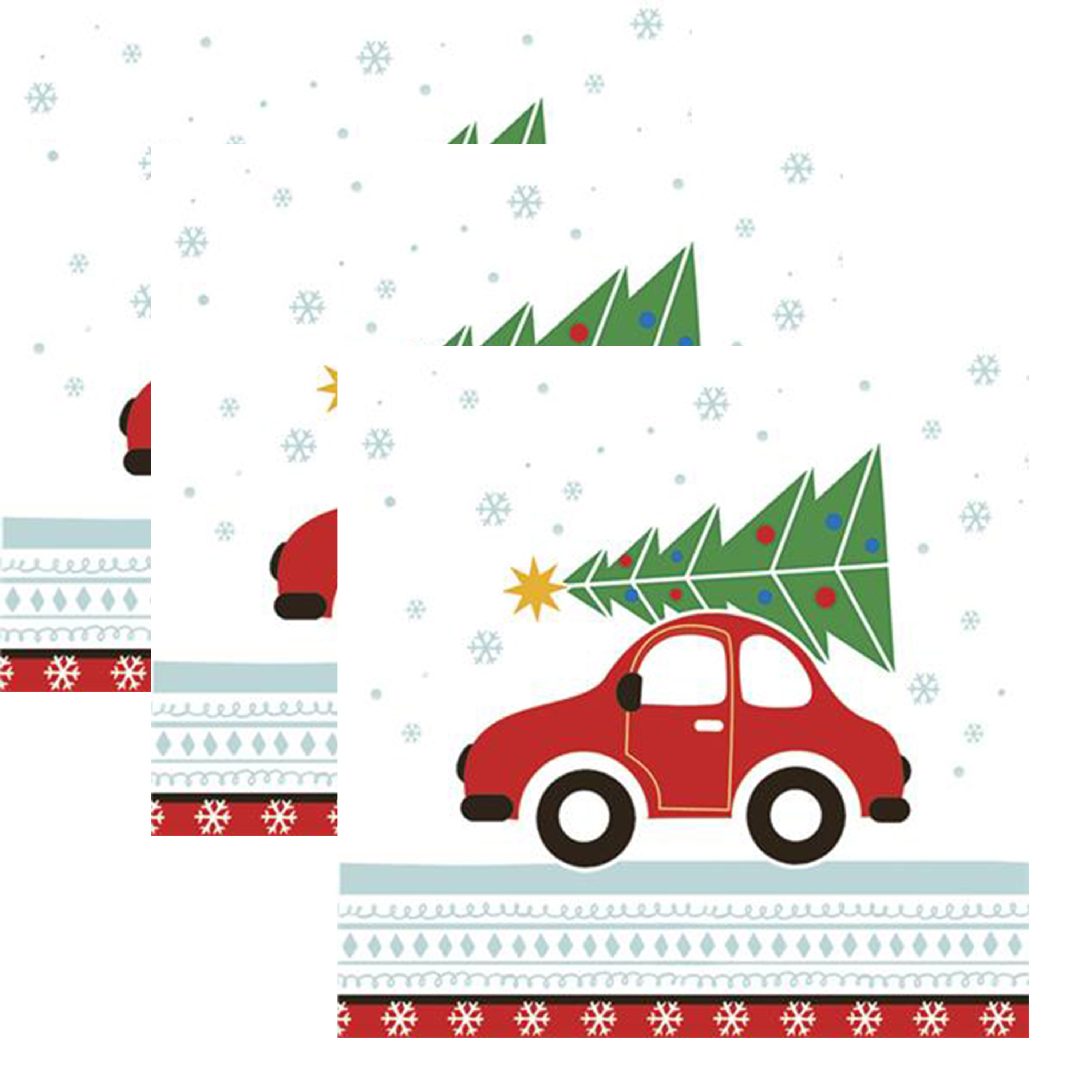 Daisy kerst thema servetten - 60x st - 33 x 33 cm - auto met kerstboom - papier -