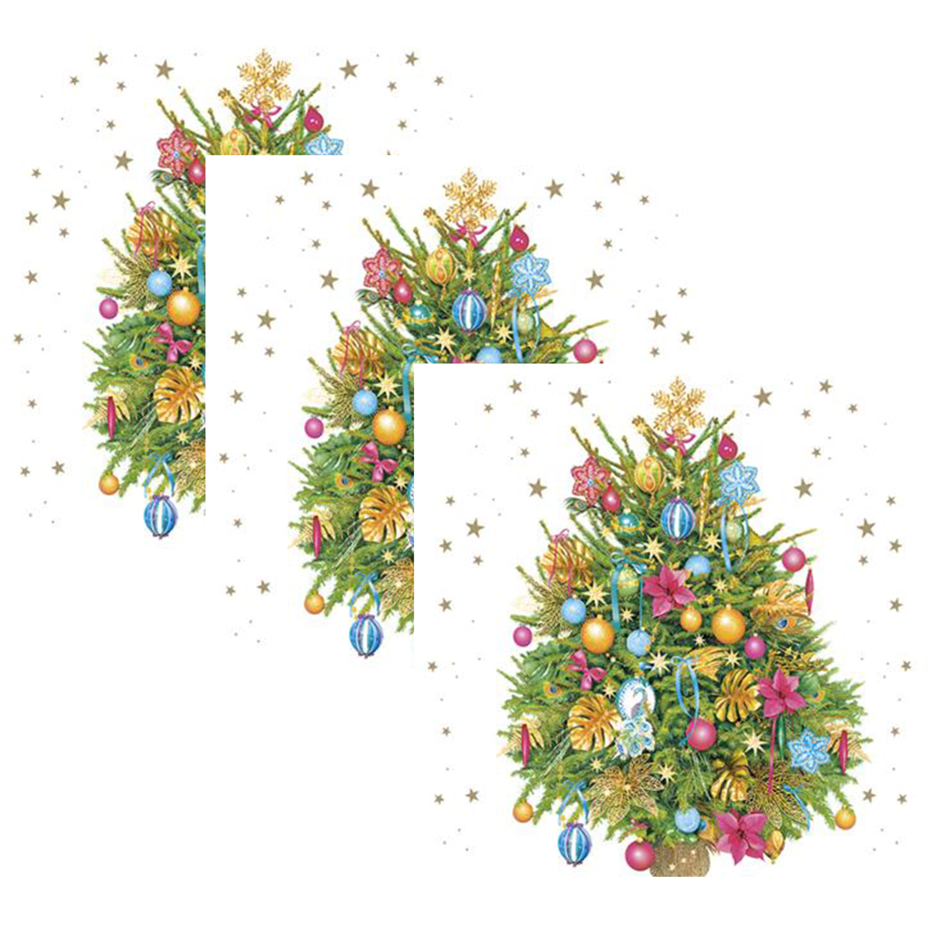 Daisy kerst thema servetten - 60x st - 33 x 33 cm - versierde kerstboom - papier -
