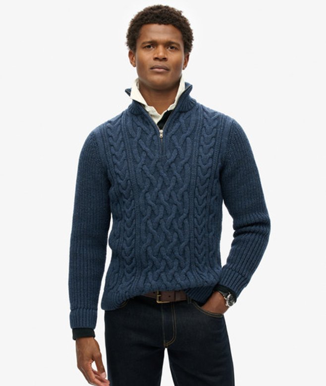 Gebreide Jacob Kabeltrui met Halve Rits Blauw