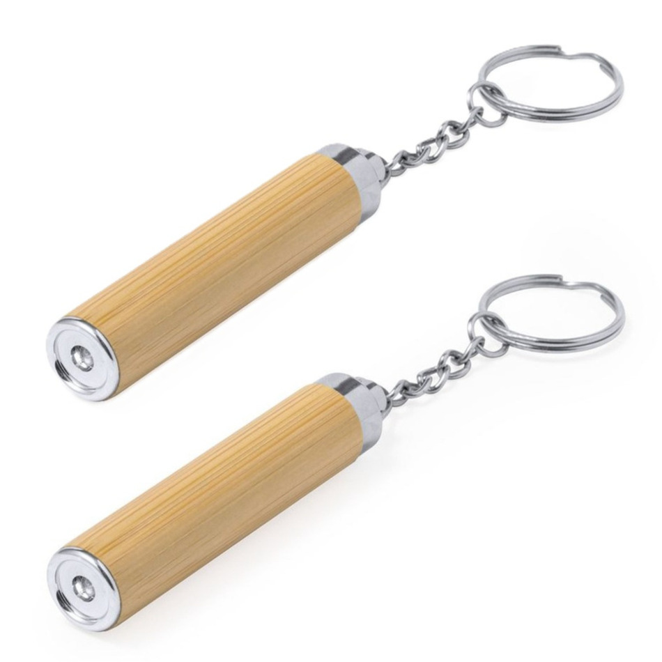Merkloos Sleutelhanger zaklamp - 2x - bamboe - 1 LED - inclusief batterij - mini zaklamp -
