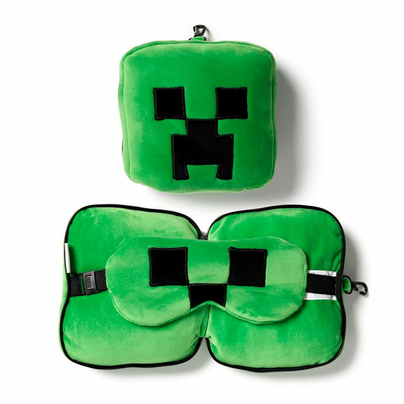 Relaxeazzz Minecraft Creeper knuffel/reiskussen/slaapmasker - 2-in-1 set - voor kinderen
