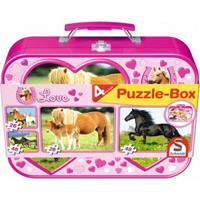 Schmidt Spiele Schmidt 55588 - Pferde, Puzzle-Box 2 x 26, 2 x 48 Teile im Metallkoffer