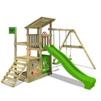 Spielturm FruityForest Fun XXL Kletterger&uuml;st mit Doppelschaukel, 3 Spiel-Ebenen, Holzdach und apfelgr&uuml;ner Rutsche - Fatmoose
