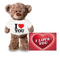 Valentijn - Valentijnskaart en knuffelbeer 24 cm met I love you shirt Bruin