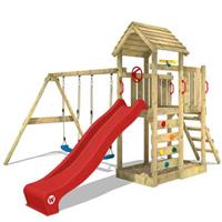 Spielturm MultiFlyer Klettergerüst Spielplatz mit Schaukel, Kletterwand, roter Rutsche und Holzdach - WICKEY