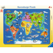 RAVENSBURGER Puzzel - Wereldkaart met dieren, 30 stukjes