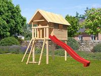 AKUBI Stelzenhaus SET Gernegroß naturbelassen inkl. Rutsche rot + Netzrampe - BxTxH: 244x120x325 cm, inkl. Rutsche rot + Netzrampe