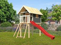 AKUBI Stelzenhaus SET Gernegroß terragrau inkl. Rutsche rot + Netzrampe - BxTxH: 244x120x325 cm, inkl. Rutsche rot + Netzrampe