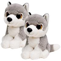 2x stuks pluche grijze wolf/wolven knuffel 13 cm speelgoed -