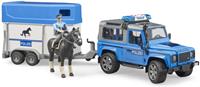 Bruder Land Rover Defender politievoertuig, paardentrailer, paard + politieagent van 