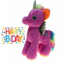 Pluche knuffel eenhoorn paars 35 cm met Happy Birthday wenskaart -