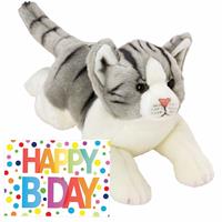 Nature Plush Planet Pluche knuffel grijs/witte kat/poes 33 met A5-size Happy Birthday wenskaart -