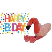 Nature Plush Planet Pluche knuffel flamingo 32 cm met A5-size Happy Birthday wenskaart -
