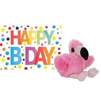 Nature Plush Planet Pluche knuffel flamingo 13 cm met A5-size Happy Birthday wenskaart -