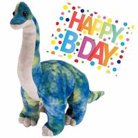 Pluche knuffel Dino Brachiosaurus van 25 cm met A5-size Happy Birthday wenskaart -