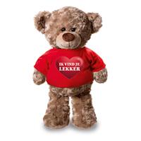 Bellatio Knuffel teddybeer met ik vind je lekker hartje shirt rood 24 cm -