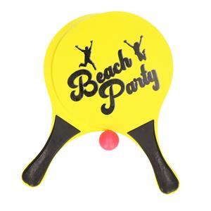 Gele beachball set buitenspeelgoed - Houten beachballset - Rackets/batjes en bal - Tennis ballenspel