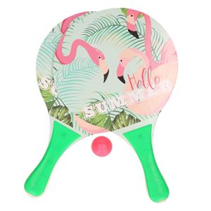 Groene beachball set met flamingoprint buitenspeelgoed - Houten beachballset - Rackets/batjes en bal - Tennis ballenspel