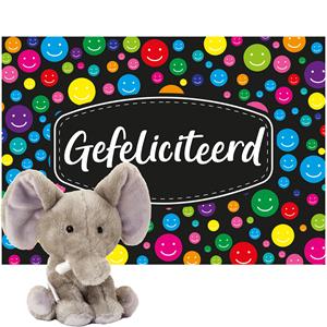 Keel Toys pluche olifant knuffel 14 cm met Gefeliciteerd A5 wenskaart -