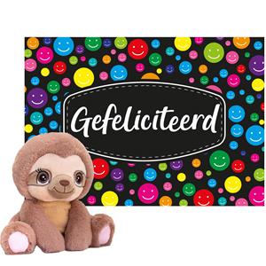 Cadeaukaart Gefeliciteerd met knuffeldier luiaard 16 cm -