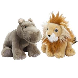 Nature Planet Zachte pluche knuffels 2x stuks - Leeuw en Nijlpaard van 18 cm -