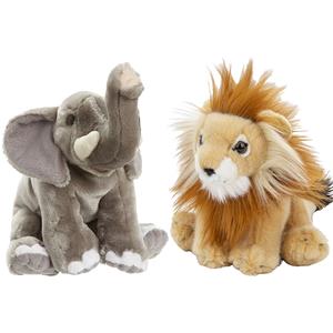 Nature Planet Zachte pluche knuffels 2x stuks - Leeuw en Olifant van 18 cm -