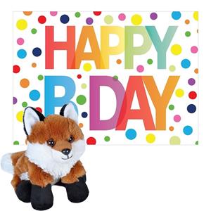 Wild Republic Pluche dieren knuffel rode vos 18 cm met Happy Birthday wenskaart -