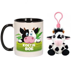 Wild Planet Cadeau set kind - Koe sleutelhanger knuffel 9 cm en Drink mok 300 ml -