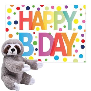 Pluche dieren knuffel luiaard 25cm met Happy Birthday wenskaart -