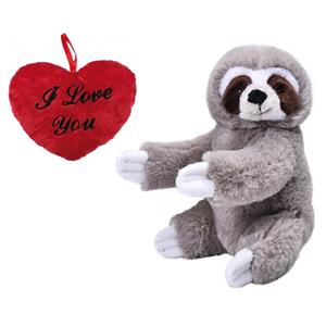 Valentijn Love cadeau set - Knuffel Luiaard met rood Love you hartje 10 cm -