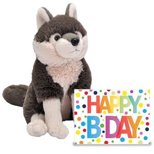 Verjaardag cadeau wolf 25 cm met Happy Birthday wenskaart -