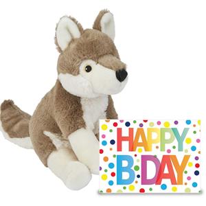 Ravensden Verjaardag cadeau wolf 23 cm met Happy Birthday wenskaart -