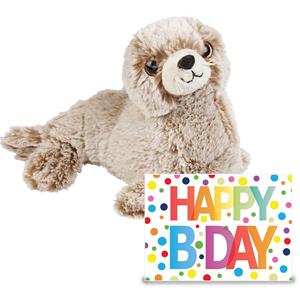 Verjaardag cadeau Zeehond pup 23 cm met Happy Birthday wenskaart -