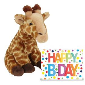 Verjaardag cadeau giraffe 23 cm met Happy Birthday wenskaart -