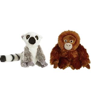 Nature Planet Apen serie zachte pluche knuffels 2x stuks - Maki aap en Orang Utan aap van 18 cm -