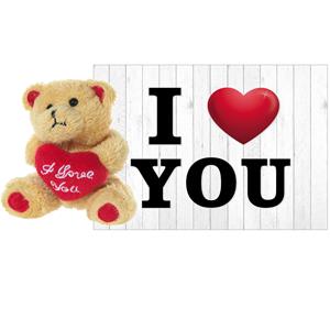 Pluche knuffel Valentijn I Love You beertje 10 cm met hartjes wenskaart -