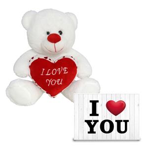 Gerim Pluche knuffel Valentijn I Love You beertje 20cm met hartjes wenskaart -