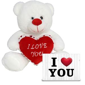 Gerim Pluche knuffel Valentijn I Love You beertje 30cm met hartjes wenskaart -