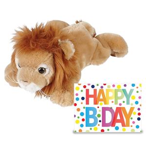 Verjaardag cadeau leeuw 25 cm met Happy Birthday wenskaart -