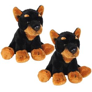 2x stuks pluche zwart/bruine doberman honden knuffel 13 cm speelgoed -