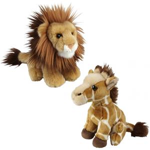 Knuffeldieren set leeuw en giraffe pluche knuffels 18 cm -