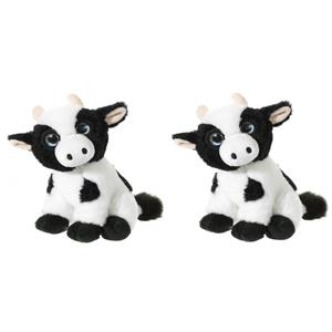 Set van 2x stuks zwart met witte pluche koe/koeien knuffels 14 cm -