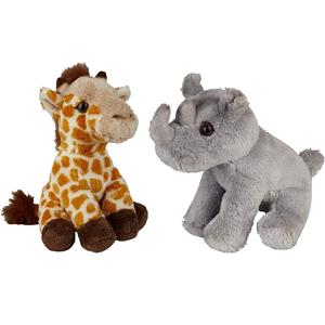 Safari dieren serie pluche knuffels 2x stuks - Neushoorn en Giraffe van 15 cm -