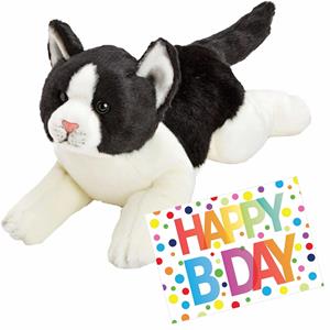 Nature Planet Pluche knuffel zwart/witte kat/poes 33 met A5-size Happy Birthday wenskaart -