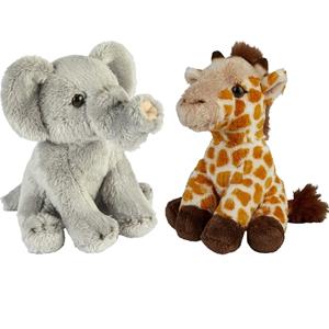 Ravensden Safari dieren serie pluche knuffels 2x stuks - Olifant en Giraffe van 15 cm -